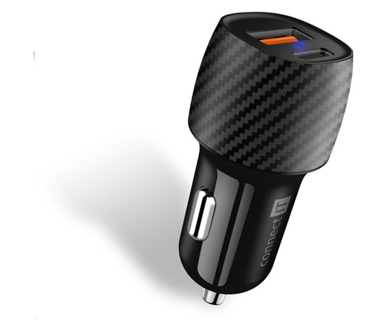 CONNECT IT InCarz PD+QUICK CHARGE 3.0 nabíjačka do auta, 1x USB-A + 1x USB-C, 3 A, uhlíková