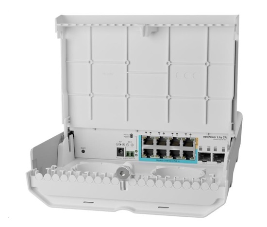 MikroTik CSS610-1Gi-7R-2S+OUT reverzný PoE switch, 8x Gigabit, 2x SFP+, 1x PoE out, 7x PoE in, 56Gbps