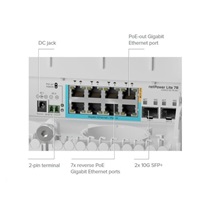 MikroTik CSS610-1Gi-7R-2S+OUT reverzný PoE switch, 8x Gigabit, 2x SFP+, 1x PoE out, 7x PoE in, 56Gbps