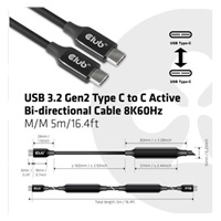 Kábel USB Club3D 3.2 Gen2 Type-C to C Active Bi-directional (M/M) 8K60Hz, 5m