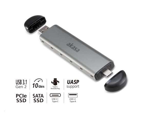 Externý box AKASA pre M.2 SATA/NVMe SSD na USB 3.1 Gen 2, 10 Gb/s, hliník