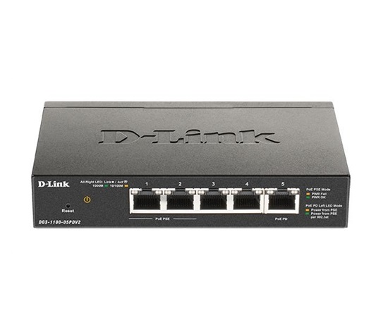 D-Link DGS-1100-05PDV2 5portový gigabitový PoE inteligentný prepínač, bez napájania - napájaný PoE, 2 porty PoE