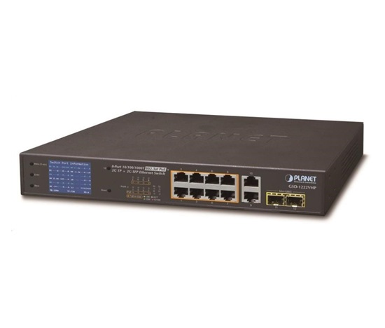 Planet GSD-1222VHP Switch, 8x PoE + 2x 1000Base-T + 2x SFP, LCD, VLAN, režim rozšírenia 10Mb až 250m, IEEE 802.3at 120W