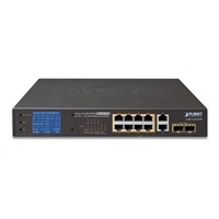 Planet GSD-1222VHP Switch, 8x PoE + 2x 1000Base-T + 2x SFP, LCD, VLAN, režim rozšírenia 10Mb až 250m, IEEE 802.3at 120W