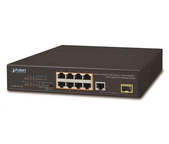 Planet FGSD-1011HP Switch, 8x 10/100 PoE, 1x TP + 1x SFP 1000Base-X, extend mode 10Mb, ESD, 802.3at 120W, bez ventilátora