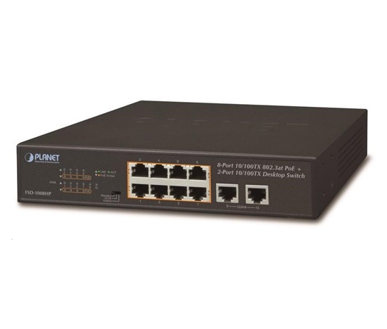 Planet FSD-1008HP Switch, PoE 8x PoE 802.3at 120W+ 2x 100Base-TX, VLAN, režim rozšírenia 10Mbps až na 250m, bez ventilátora