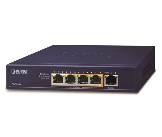 Planet POE-E304 PoE extender, 1xPoE-in, 4xPoE-out 65W, 802.3bt/at/af, Gigabit