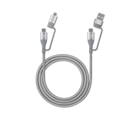 MANHATTAN kábel 4 v 1, nabíjací a synchronizačný kábel USB, 480 Mb/s, 3A/60W, 1 m, opletený dizajn, sivý