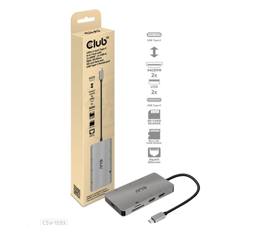 Dokovacia stanica Club3D 8v1 USB 3.2 porty typu C (2xHDMI, 2xUSB-A, RJ45, SD/ Micro SD USB Type-C, 100W PD