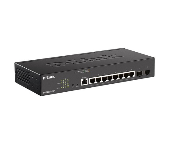 D-Link DGS-2000-10P Spravovaný PoE switch, 8x GbE PoE+, 2x SFP, PoE 65W, bez ventilátora