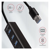 AXAGON HMA-CR3A, USB 3.rozbočovač 2. generácie, 3x porty USB-A + čítačka kariet SD/microSD, kov, 20 cm kábel USB-A