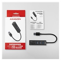 AXAGON HMA-CR3A, USB 3.rozbočovač 2. generácie, 3x porty USB-A + čítačka kariet SD/microSD, kov, 20 cm kábel USB-A