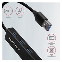 AXAGON HMA-GL3A, USB 3.rozbočovač 2. generácie, porty 3x USB-A + Gigabit Ethernet, kov, kábel USB-A 20 cm