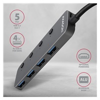 AXAGON HUE-MSA, 4x USB 3.rozbočovač 2 Gen 1 SWITCH, kovový, napájanie micro USB. konektor, kábel USB-A 20 cm