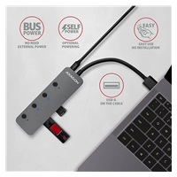 AXAGON HUE-MSA, 4x USB 3.rozbočovač 2 Gen 1 SWITCH, kovový, napájanie micro USB. konektor, kábel USB-A 20 cm