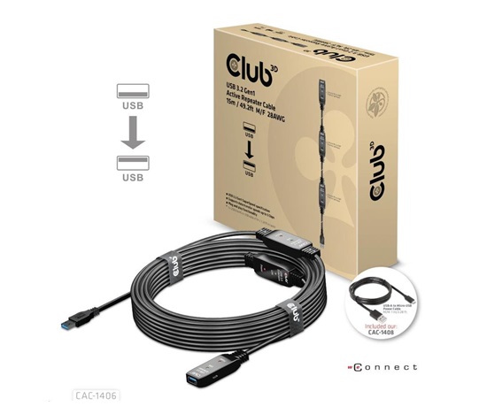 Kábel USB Club3D 3.2 Kábel aktívneho opakovača Gen1 M/F 28AWG, 15 m