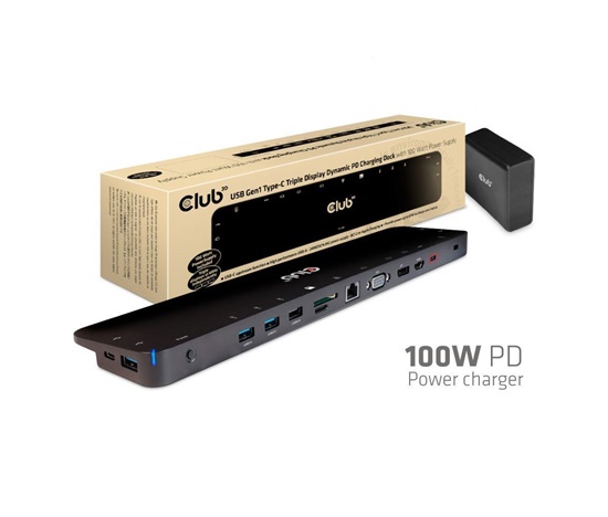 Dokovacia stanica Club3D USB-C 3.2 s napájacím adaptérom Triple Display Dynamic PD, 100 W