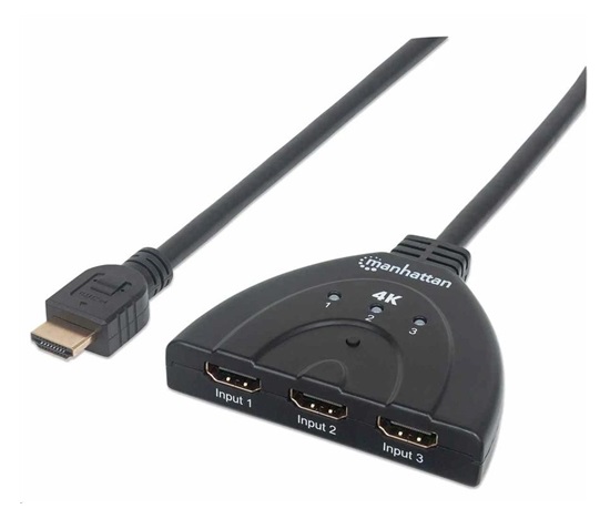 Manhattan HDMI Switch, 3-portový prepínač HDMI 4K, 4K@60Hz, napájaný z USB, čierny