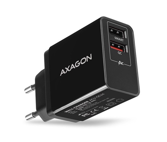 AXAGON ACU-QS24, sieťová nabíjačka QC & SMART 24 W, 2x port USB-A, QC3.0/AFC/FCP + 5V/1,2A