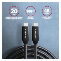 AXAGON BUCM32-CM20AB, SPEED+ kábel USB-C <-> USB-C, 2 m, USB 20Gbps, PD 100W 5A, 4k HD, ALU, opletenie, čierny