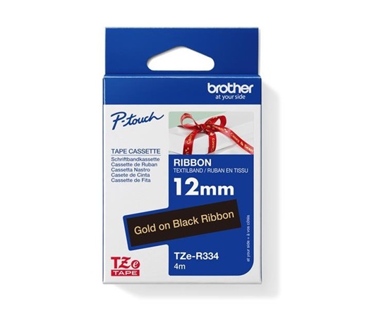 BROTHER TZE-R334 - 12 mm široká kazeta s TZ páskou, 4 m TEXTILNÁ páska - na výrobu darčekov - NEŠPECKOVATÁ - ČIERNA PÁSKA, ZLATÝ POTISK