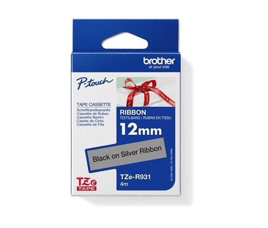 BROTHER TZE-R931 - 12 mm široká TZ kazeta, TEXTILNÁ páska 4 m - na výrobu darčekov - NESTRIEBORNÉ PÁSKY, ČIERNY POTISK