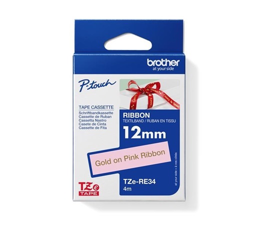 BROTHER TZE-RE34 - 12 mm široká kazeta s TZ páskou, 4 m TEXTILNÁ páska - na výrobu darčekov - NEZLEPENÁ - RUŽOVÁ PÁSKA, ZLATÝ POTISK