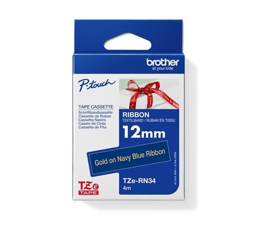 BROTHER TZE-RN34 - 12 mm široká TZ kazeta, TEXTILNÁ páska 4 m - na výrobu darčekov - NEPRIĽAHLÁ - MODRÁ PÁSKA, ZLATÝ POTISK