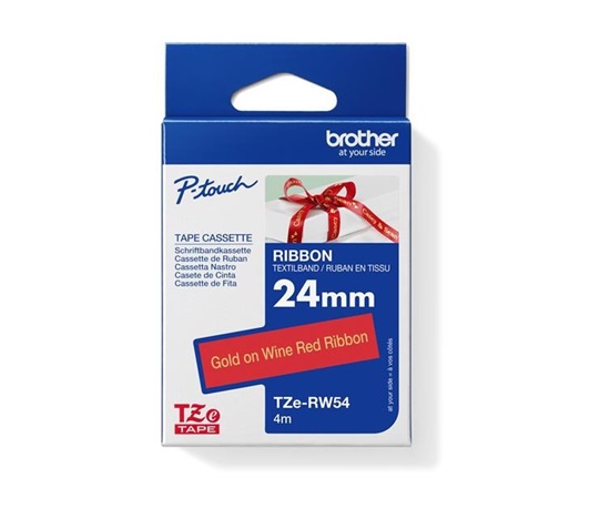 BROTHER TZE-RW54 - 24 mm široká kazeta s TZ páskou, 4 m TEXTILNÁ páska - na výrobu darčekov - NEŠTÍRIVÁ - ČERVENÁ PÁSKA, ZLATÝ POTISK