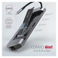 AXAGON HMC-6M2, USB 3.rozbočovač 2 Gen 1, 2x USB-A, HDMI, RJ-45 GLAN, SATA M.2 sloty, PD 100 W, kábel USB-C 18 cm