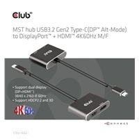 Club3D hub MST (Multi Stream Transport) USB3.2 Gen2 Type-C (DP Alt-Mode) na DisplayPort + HDMI 4K60Hz (M/F)