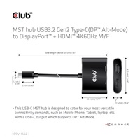 Club3D hub MST (Multi Stream Transport) USB3.2 Gen2 Type-C (DP Alt-Mode) na DisplayPort + HDMI 4K60Hz (M/F)