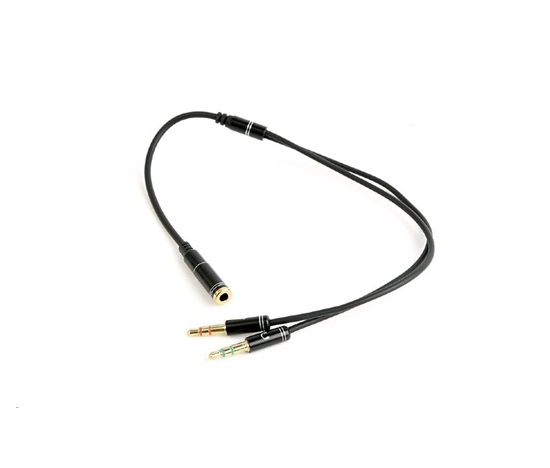 GEMBIRD Cable CABLEXPERT rozdeľovací konektor 3,5 mm (4-pólový) na 2x3,5 mm F/M, kovové svorky, 20 cm, čierny