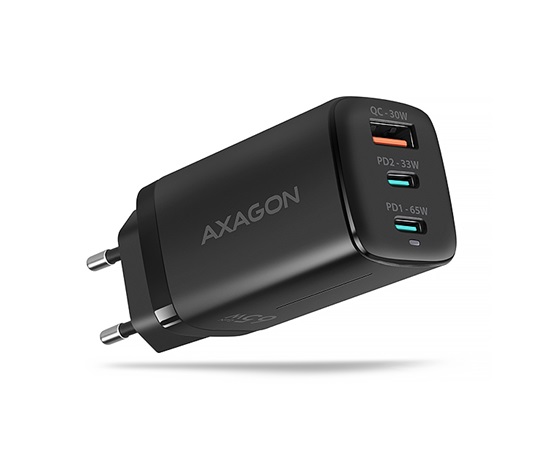 AXAGON ACU-DPQ65, GaN nabíjačka do siete 65W, 3x port (USB-A + dual USB-C), PD3.0/QC4+/PPS/Apple, čierna