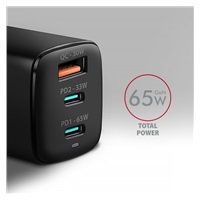 AXAGON ACU-DPQ65, GaN nabíjačka do siete 65W, 3x port (USB-A + dual USB-C), PD3.0/QC4+/PPS/Apple, čierna