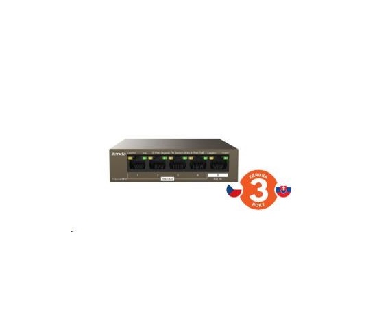 Tenda TEG1105PD - 5-portový PoE PD Gigabit Ethernet Switch, 1x PoE IN, 4x PoE OUT, kovový, bez ventilátora