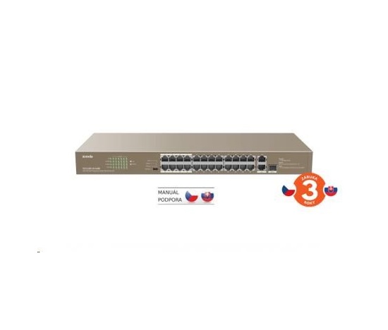 Tenda TEF1126P-24-410W - PoE AT Switch 370Watt, 24xRJ45 10/100 Mbps PoE, 2x Gigabit Uplink RJ45/SFP, bez ventilátora, kov