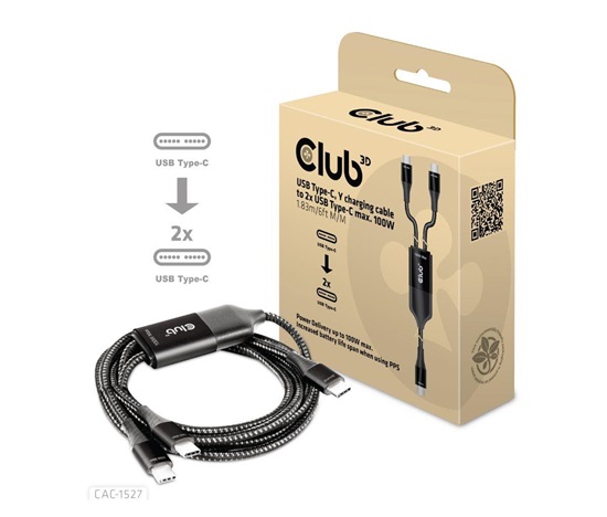 Nabíjací kábel Club3D USB Type-C, nabíjací kábel Y na 2x USB Type-C max. 100W, 1.83m/6ft M/M