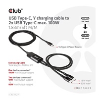 Nabíjací kábel Club3D USB Type-C, nabíjací kábel Y na 2x USB Type-C max. 100W, 1.83m/6ft M/M