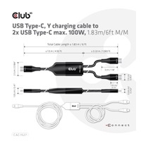 Nabíjací kábel Club3D USB Type-C, nabíjací kábel Y na 2x USB Type-C max. 100W, 1.83m/6ft M/M