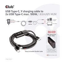 Nabíjací kábel Club3D USB Type-C, nabíjací kábel Y na 2x USB Type-C max. 100W, 1.83m/6ft M/M