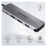 AXAGON HMC-5, USB 3.rozbočovač 2. generácie, 2x porty USB-A, HDMI, slot SD/microSD, 100W PD, 20cm kábel USB-C