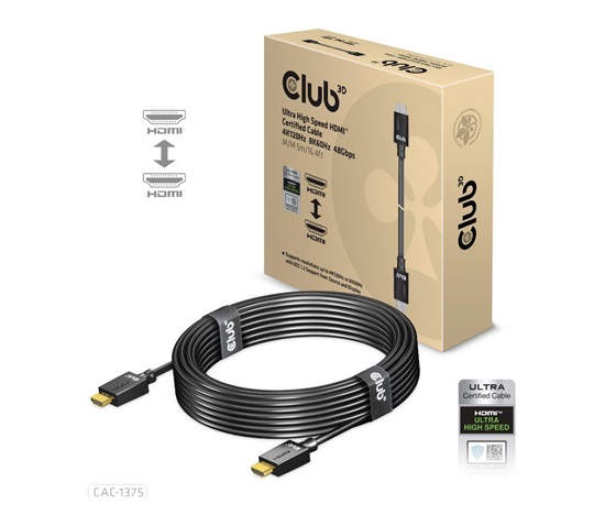 Club3D Ultra Rychlý HDMI™ Certifikovaný, 4K120Hz 8K60Hz 48Gbps M/M 5m/16.4ft, 28 AWG