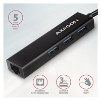 AXAGON HMC-GL3A, USB 3.rozbočovač 2. generácie, 3x USB-A + gigabitový ethernetový port, kov, 20 cm kábel USB-C