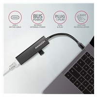 AXAGON HMC-GL3A, USB 3.rozbočovač 2. generácie, 3x USB-A + gigabitový ethernetový port, kov, 20 cm kábel USB-C