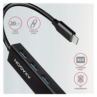 AXAGON HMC-GL3A, USB 3.rozbočovač 2. generácie, 3x USB-A + gigabitový ethernetový port, kov, 20 cm kábel USB-C