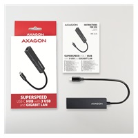 AXAGON HMC-GL3A, USB 3.rozbočovač 2. generácie, 3x USB-A + gigabitový ethernetový port, kov, 20 cm kábel USB-C