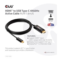 Club3D aktívny kábel HDMI na USB-C, 4K60Hz, 1.8m, M/M