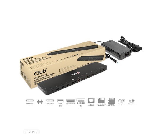 Club3D USB-C, Triple Display DP Alt mode Displaylink Dynamic PD Charging Dock so 120 W PS