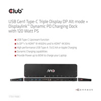 Club3D USB-C, Triple Display DP Alt mode Displaylink Dynamic PD Charging Dock so 120 W PS